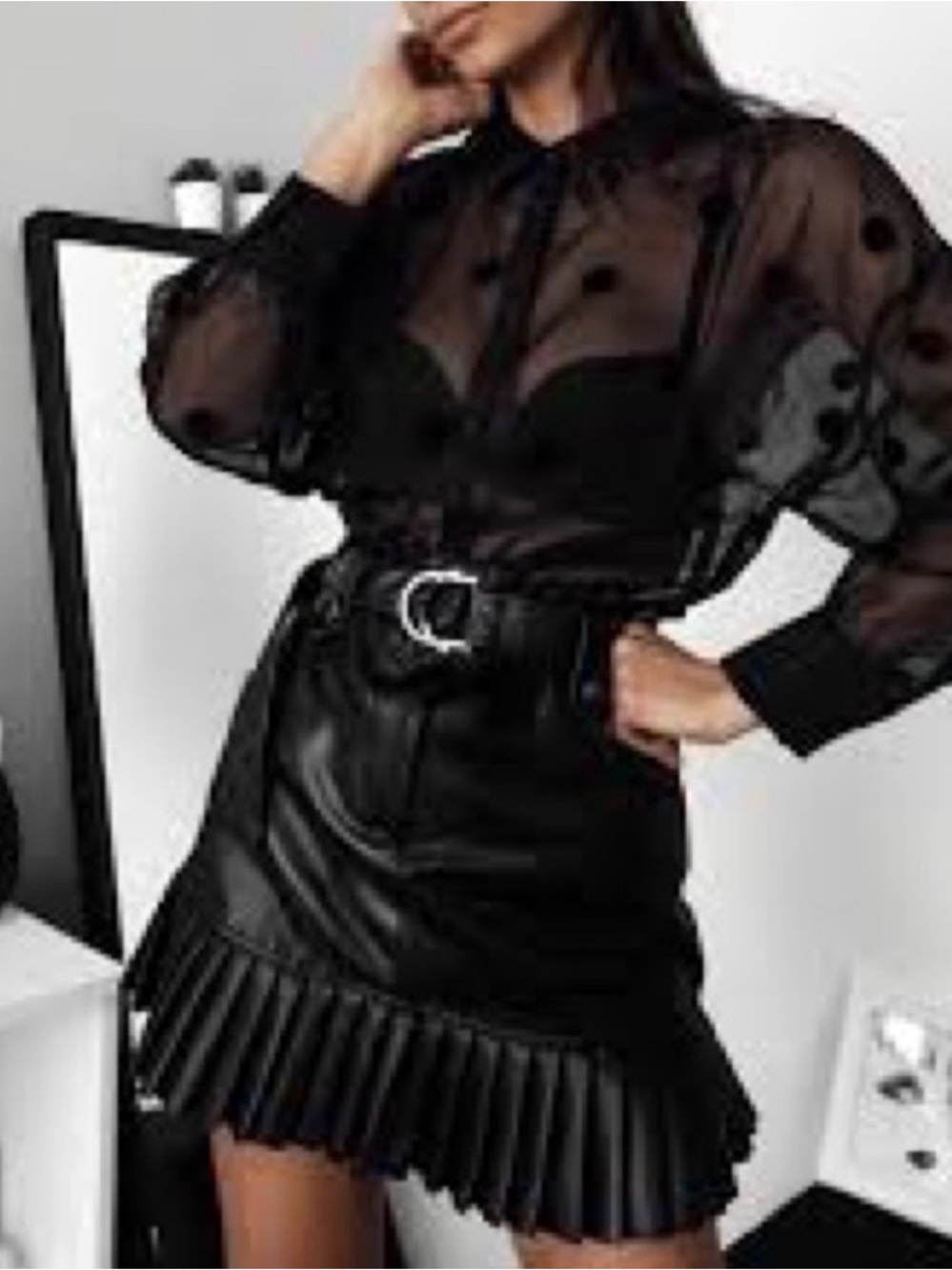 Black Faux Leather Pleated-Hem Mini Skirt with Belt